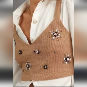 Reath & Wren Tank Top V neck Camel Beaded Stones